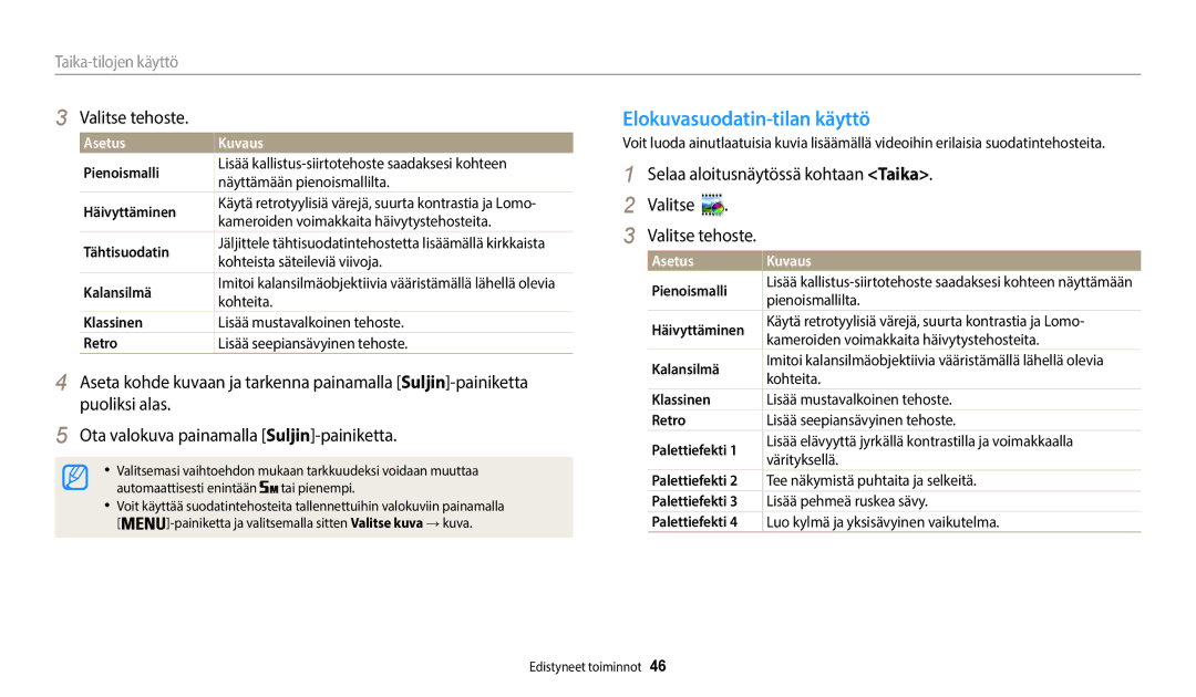 Samsung EC-WB35FZBPWE2, EC-WB35FZBPBE2, EC-WB35FZBPLE2, EC-WB35FZBPRE2 manual Elokuvasuodatin-tilan käyttö, Valitse tehoste 