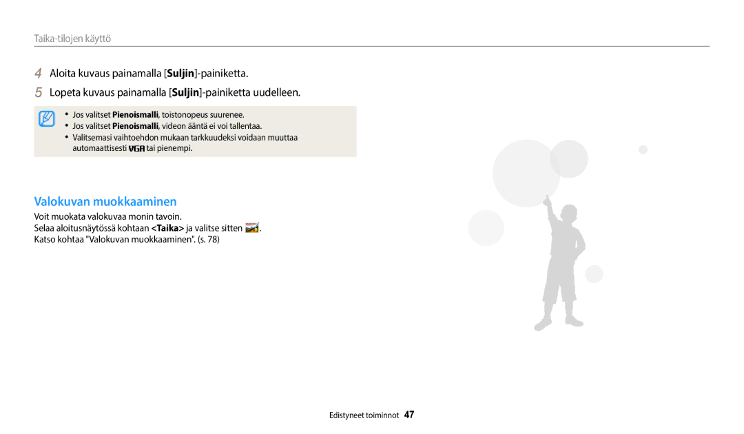 Samsung EC-WB35FZBPBE2, EC-WB35FZBPLE2, EC-WB35FZBPRE2 manual Valokuvan muokkaaminen, Voit muokata valokuvaa monin tavoin 