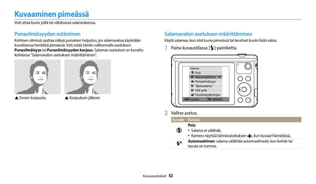 Samsung EC-WB35FZBPLE2 manual Kuvaaminen pimeässä, Punasilmäisyyden estäminen, Salamavalon asetuksen määrittäminen, Pois 