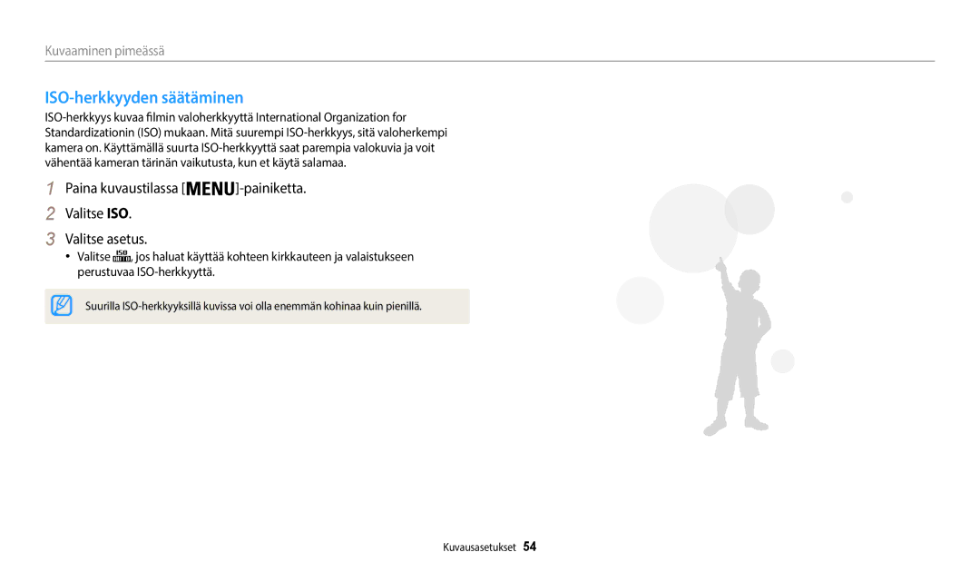 Samsung EC-WB35FZBPWE2 manual ISO-herkkyyden säätäminen, Paina kuvaustilassa -painiketta Valitse ISO Valitse asetus 