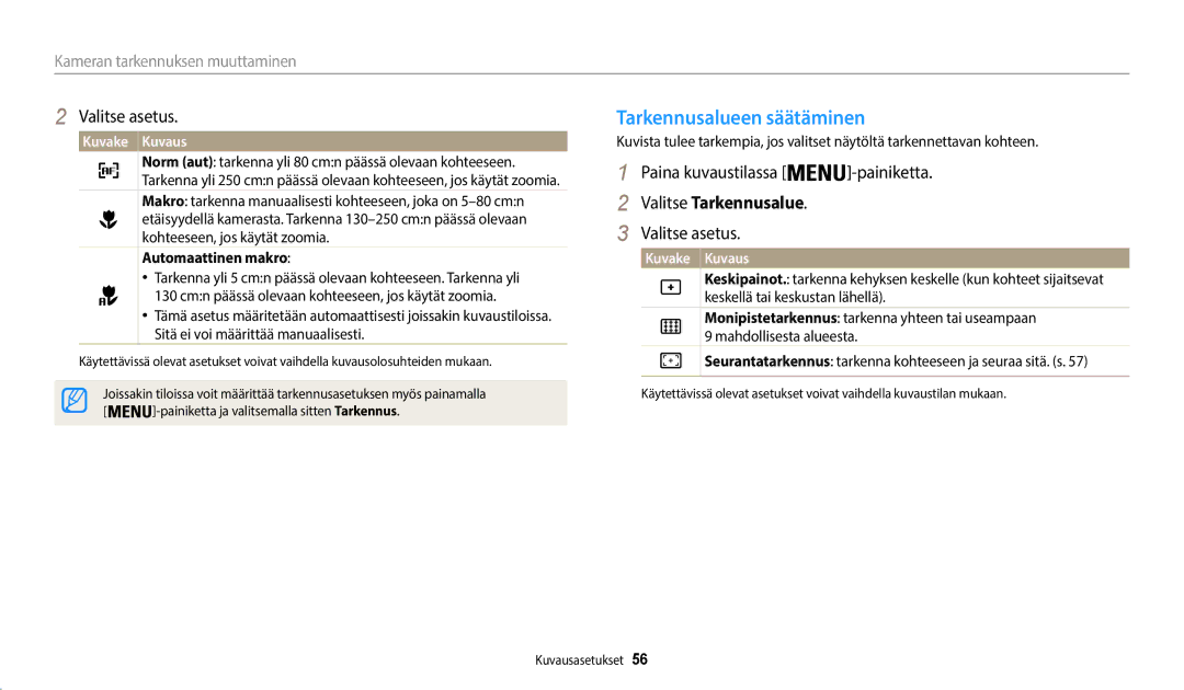 Samsung EC-WB35FZBPLE2, EC-WB35FZBPBE2 Tarkennusalueen säätäminen, Valitse Tarkennusalue, Kameran tarkennuksen muuttaminen 