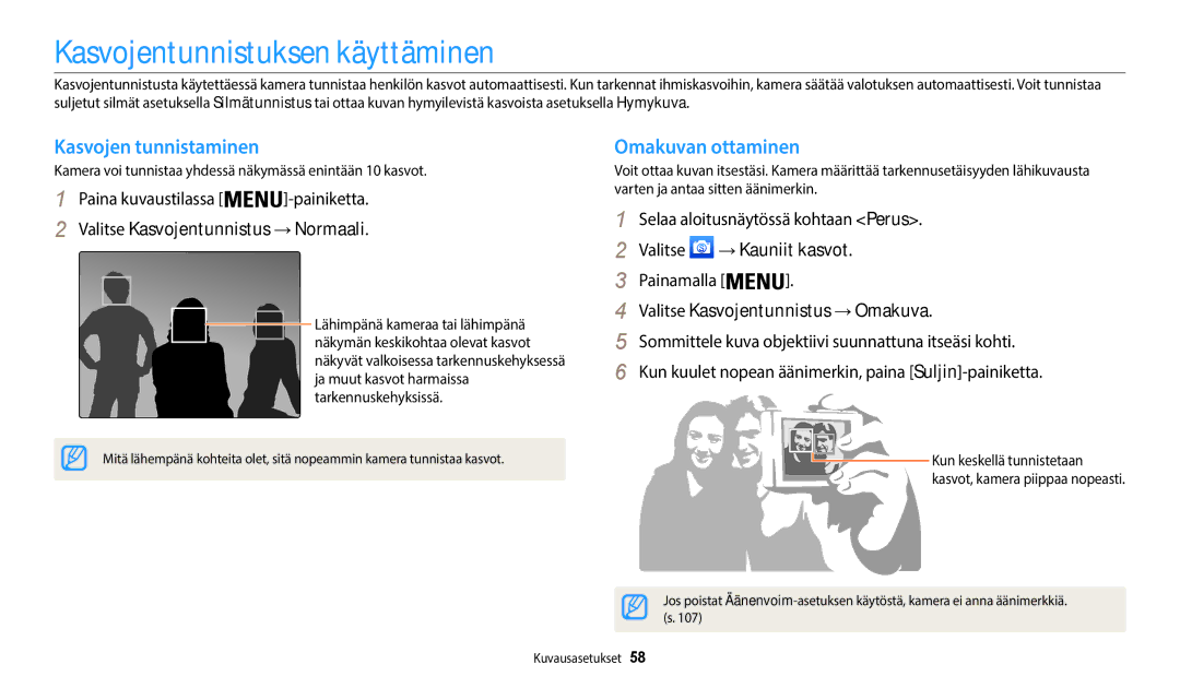 Samsung EC-WB35FZBPWE2, EC-WB35FZBPBE2 manual Kasvojentunnistuksen käyttäminen, Kasvojen tunnistaminen, Omakuvan ottaminen 