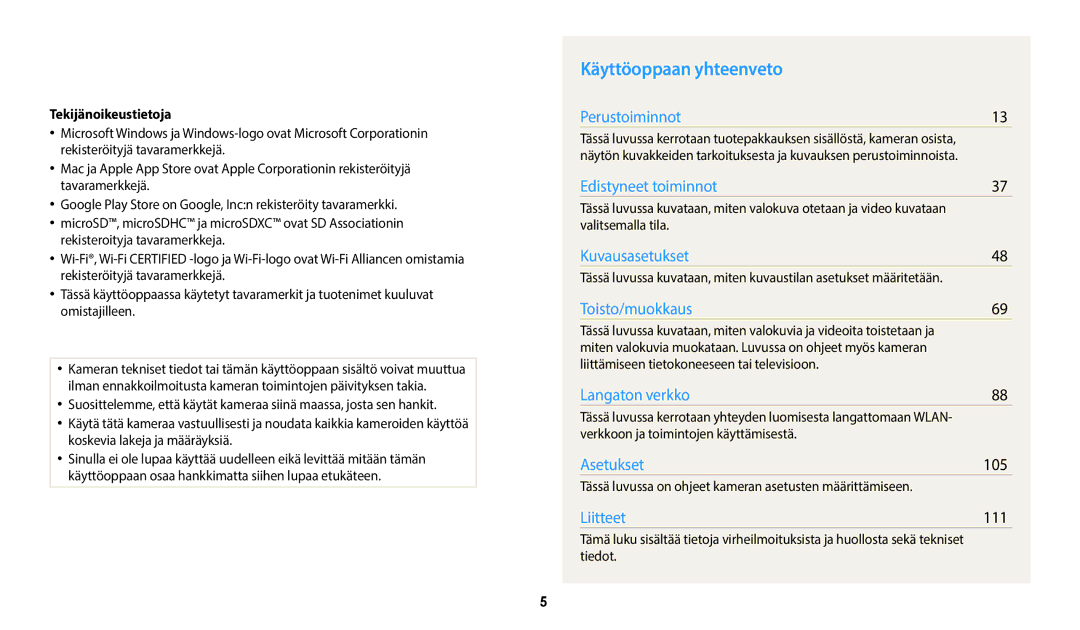 Samsung EC-WB35FZBPRE2, EC-WB35FZBPBE2, EC-WB35FZBPLE2 manual Käyttöoppaan yhteenveto, 105, 111, Tekijänoikeustietoja 