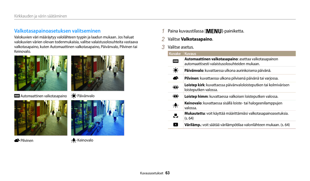 Samsung EC-WB35FZBPBE2, EC-WB35FZBPLE2 Valkotasapainoasetuksen valitseminen, Valitse Valkotasapaino, Päivänvalo, Pilvinen 