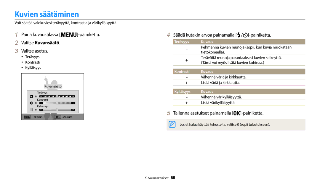 Samsung EC-WB35FZBPWE2, EC-WB35FZBPBE2 Kuvien säätäminen, Valitse Kuvansäätö, Säädä kutakin arvoa painamalla / -painiketta 