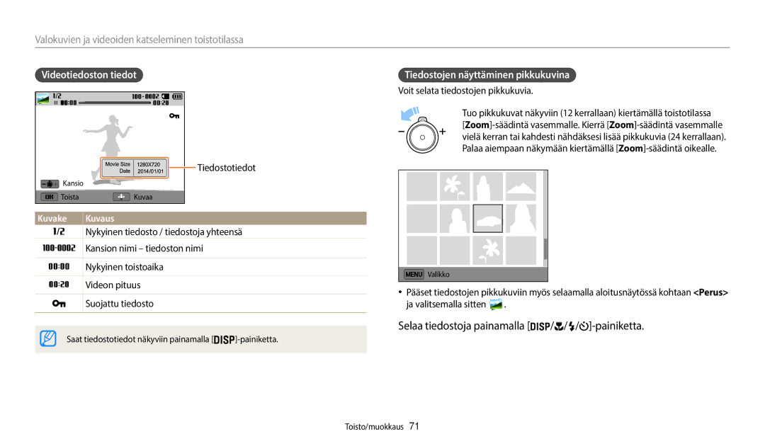 Samsung EC-WB35FZBPBE2 Selaa tiedostoja painamalla / / / -painiketta, Valokuvien ja videoiden katseleminen toistotilassa 