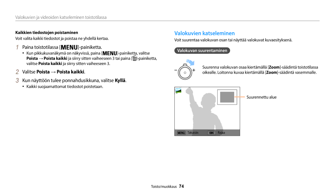 Samsung EC-WB35FZBPWE2, EC-WB35FZBPBE2 Valokuvien katseleminen, Valitse Poista →Poista kaikki, Valokuvan suurentaminen 