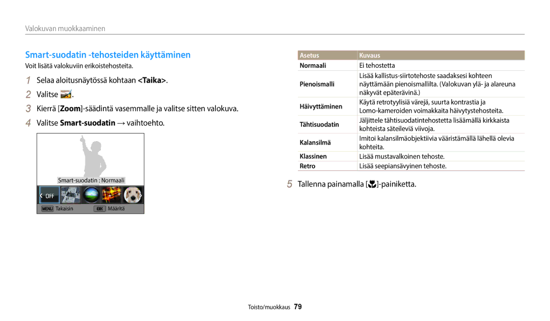 Samsung EC-WB35FZBPBE2, EC-WB35FZBPLE2 manual Smart-suodatin -tehosteiden käyttäminen, Valokuvan muokkaaminen, Normaali 