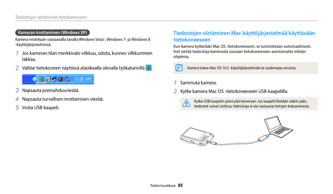 Samsung EC-WB35FZBPRE2, EC-WB35FZBPBE2 manual Tiedostojen siirtäminen tietokoneeseen, Kameran irrottaminen Windows XP 