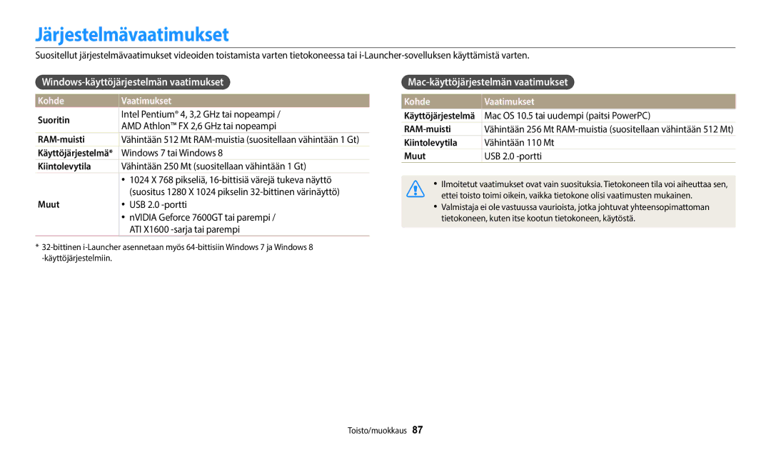 Samsung EC-WB35FZBPBE2 Järjestelmävaatimukset, Windows-käyttöjärjestelmän vaatimukset, Mac-käyttöjärjestelmän vaatimukset 