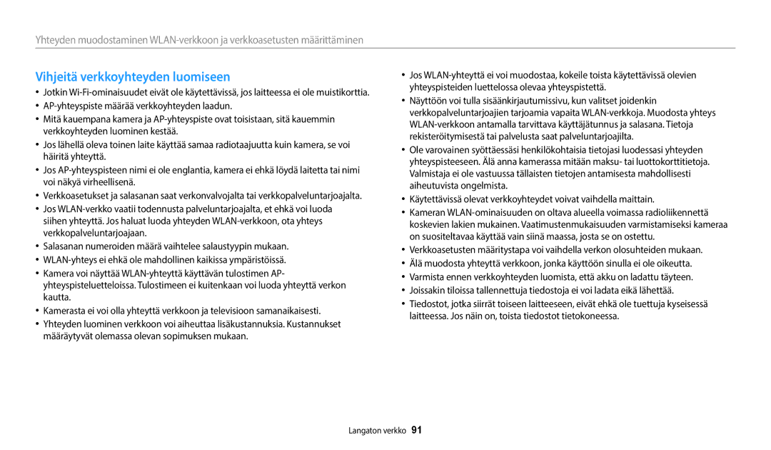 Samsung EC-WB35FZBPBE2, EC-WB35FZBPLE2, EC-WB35FZBPRE2, EC-WB35FZBPWE2 manual Vihjeitä verkkoyhteyden luomiseen 