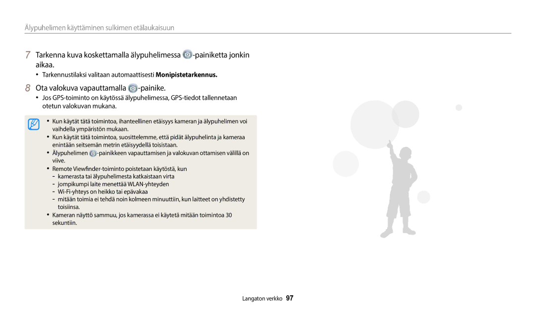 Samsung EC-WB35FZBPRE2 manual Ota valokuva vapauttamalla -painike, Älypuhelimen käyttäminen sulkimen etälaukaisuun 