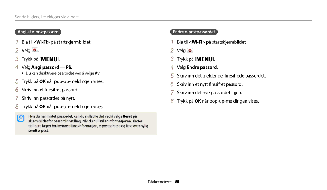 Samsung EC-WB35FZBPBE2, EC-WB35FZBPLE2 Velg Angi passord →På, Velg Endre passord, Sende bilder eller videoer via e-post 