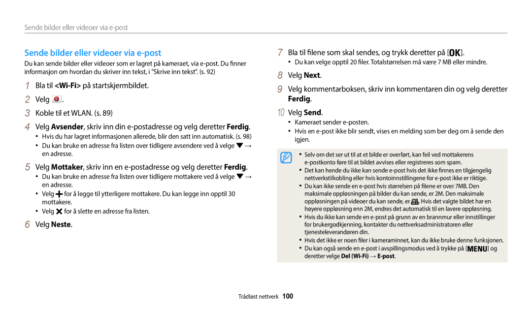 Samsung EC-WB35FZBPLE2 Sende bilder eller videoer via e-post, Bla til Wi-Fipå startskjermbildet Velg Koble til et WLAN. s 