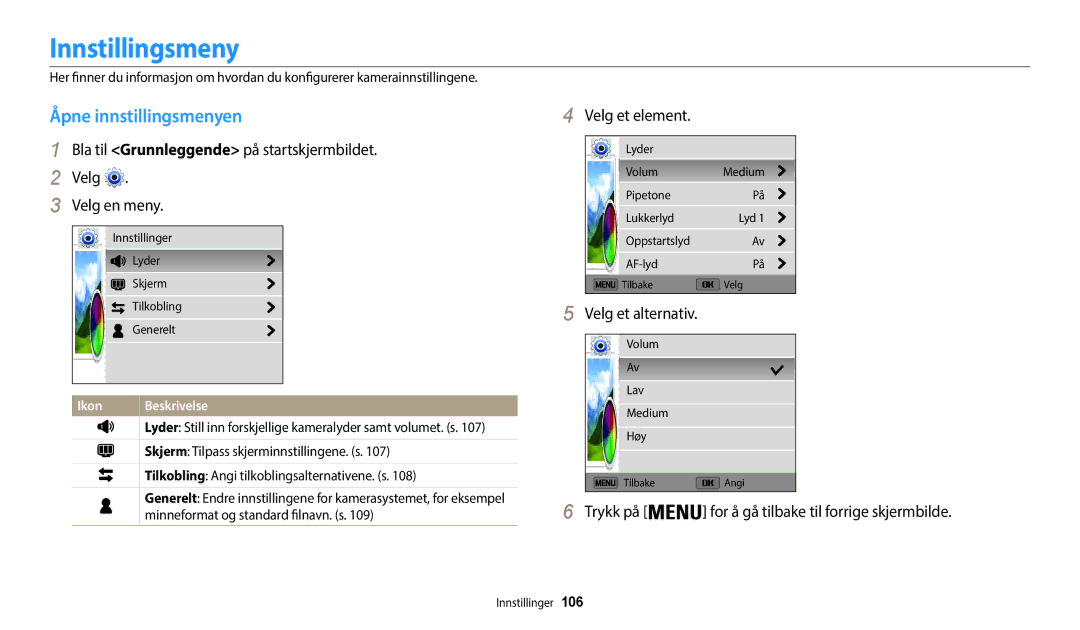 Samsung EC-WB35FZBPWE2, EC-WB35FZBPBE2, EC-WB35FZBPLE2 manual Innstillingsmeny, Åpne innstillingsmenyen, Velg et element 