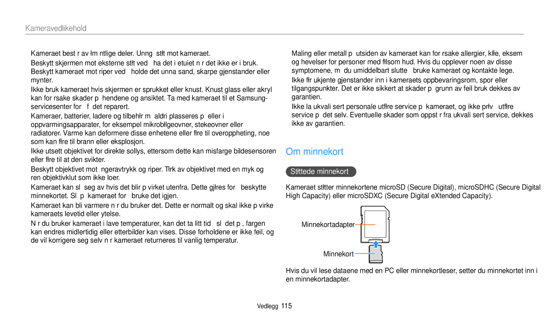 Samsung EC-WB35FZBPBE2, EC-WB35FZBPLE2, EC-WB35FZBPRE2, EC-WB35FZBPWE2 manual Om minnekort, Støttede minnekort 