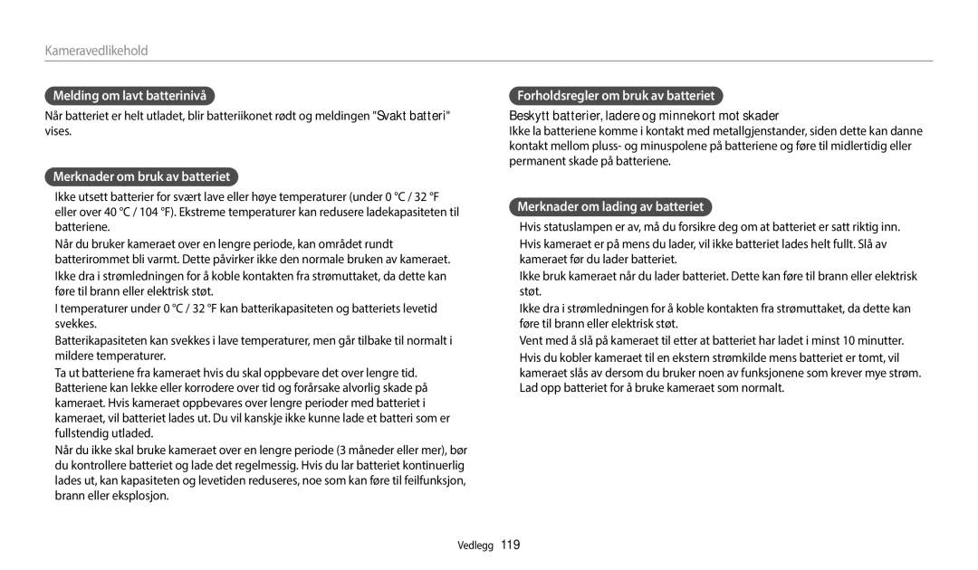 Samsung EC-WB35FZBPBE2 Melding om lavt batterinivå, Merknader om bruk av batteriet, Forholdsregler om bruk av batteriet 