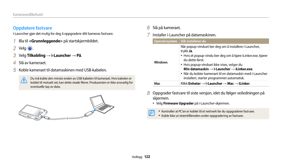 Samsung EC-WB35FZBPWE2, EC-WB35FZBPBE2 manual Oppdatere fastvare, Velg Tilkobling →i-Launcher →På, Slik installerer du 