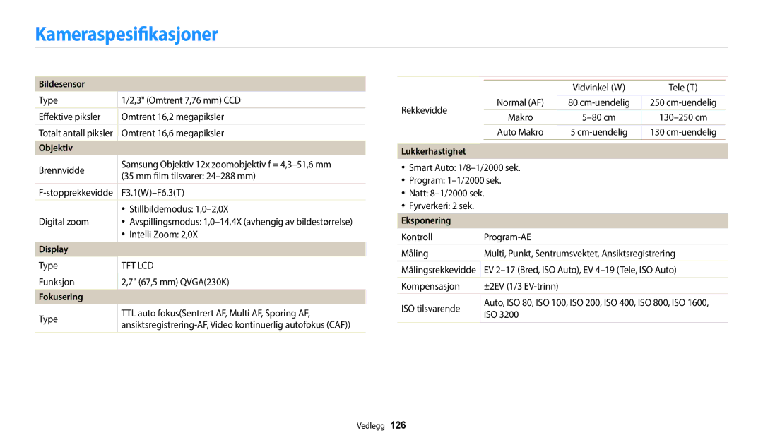 Samsung EC-WB35FZBPWE2, EC-WB35FZBPBE2, EC-WB35FZBPLE2, EC-WB35FZBPRE2 manual Kameraspesifikasjoner 