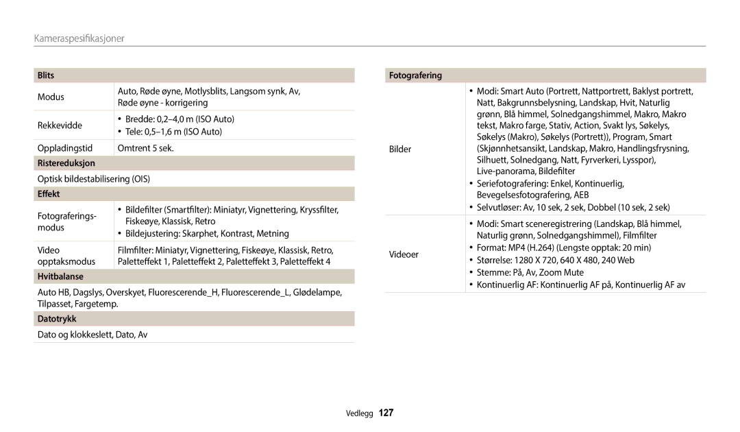 Samsung EC-WB35FZBPBE2, EC-WB35FZBPLE2, EC-WB35FZBPRE2, EC-WB35FZBPWE2 manual Kameraspesifikasjoner, Ristereduksjon, Datotrykk 