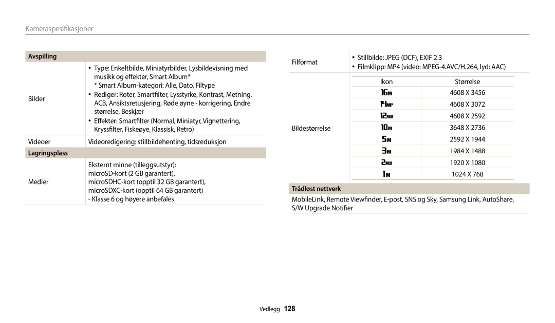 Samsung EC-WB35FZBPLE2, EC-WB35FZBPBE2, EC-WB35FZBPRE2, EC-WB35FZBPWE2 manual Lagringsplass, Trådløst nettverk 