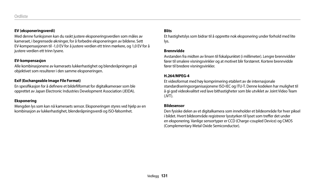 Samsung EC-WB35FZBPBE2, EC-WB35FZBPLE2, EC-WB35FZBPRE2, EC-WB35FZBPWE2 manual Ordliste 