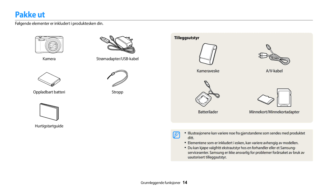 Samsung EC-WB35FZBPWE2, EC-WB35FZBPBE2 manual Pakke ut, Følgende elementer er inkludert i produktesken din, Tilleggsutstyr 