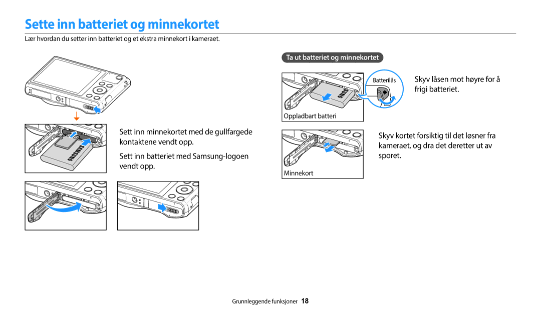 Samsung EC-WB35FZBPWE2, EC-WB35FZBPBE2, EC-WB35FZBPLE2 Sette inn batteriet og minnekortet, Ta ut batteriet og minnekortet 