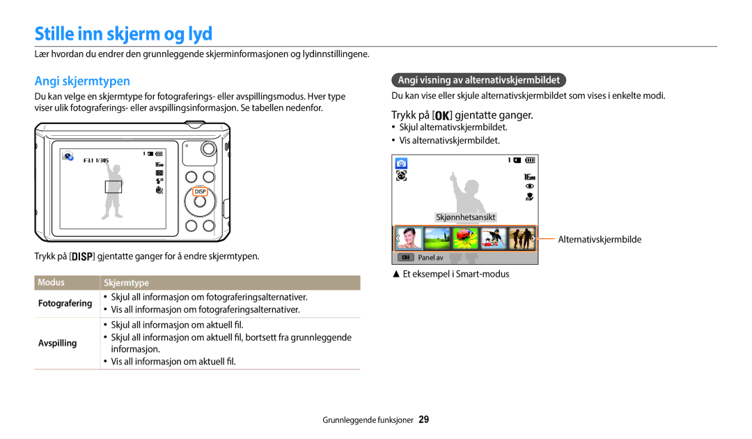 Samsung EC-WB35FZBPRE2 manual Stille inn skjerm og lyd, Angi skjermtypen, Trykk på gjentatte ganger, Modus Skjermtype 