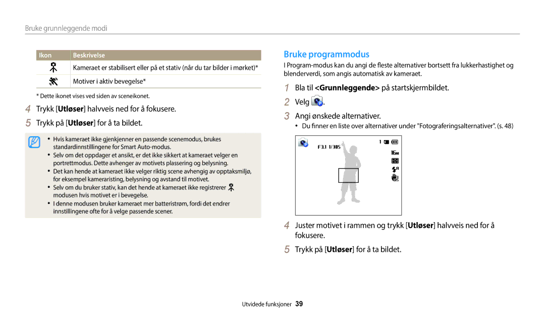 Samsung EC-WB35FZBPBE2, EC-WB35FZBPLE2 manual Bruke programmodus, Bruke grunnleggende modi, Motiver i aktiv bevegelse 