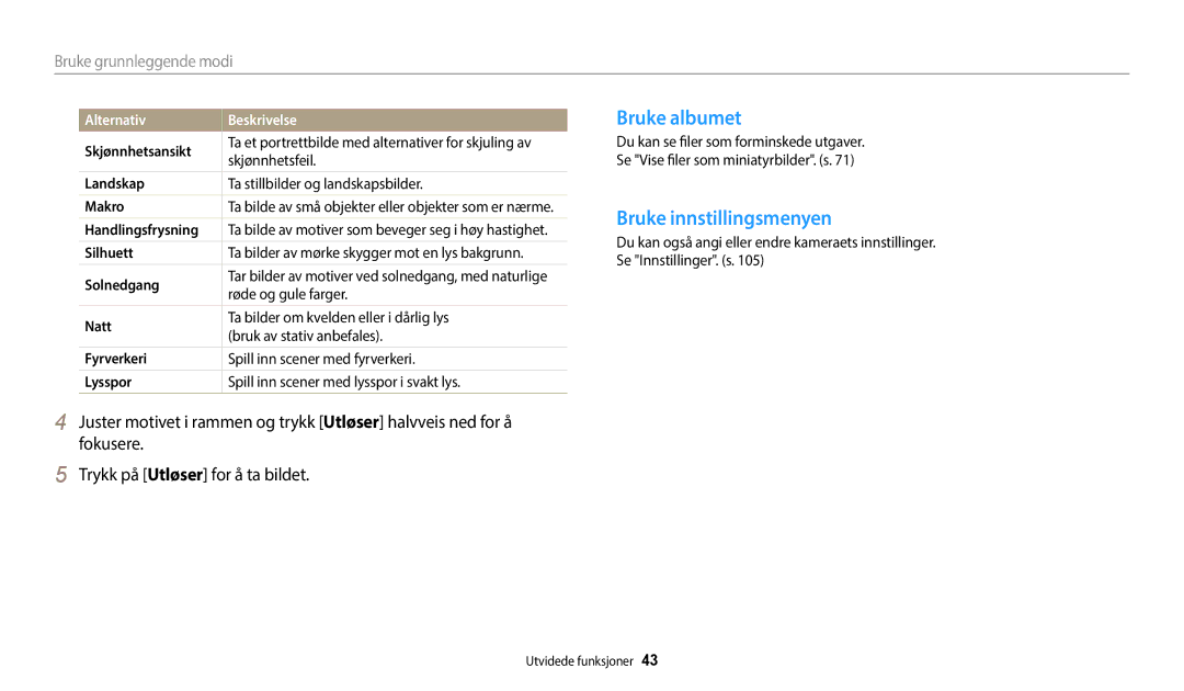 Samsung EC-WB35FZBPBE2, EC-WB35FZBPLE2, EC-WB35FZBPRE2 manual Bruke albumet, Bruke innstillingsmenyen, Alternativ Beskrivelse 