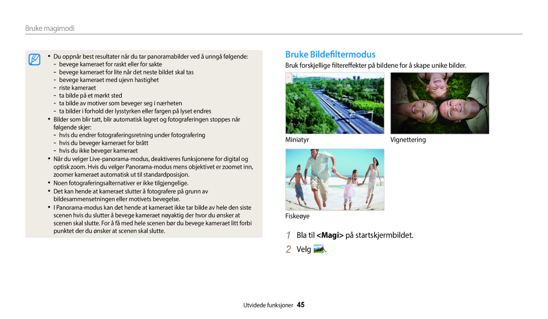 Samsung EC-WB35FZBPRE2, EC-WB35FZBPBE2 manual Bruke Bildefiltermodus, Bla til Magi på startskjermbildet Velg, Bruke magimodi 