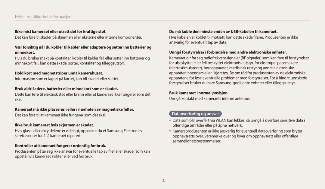 Samsung EC-WB35FZBPLE2, EC-WB35FZBPBE2, EC-WB35FZBPRE2, EC-WB35FZBPWE2 manual Dataoverføring og ansvar 