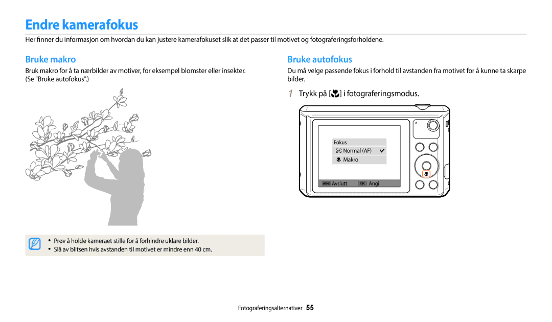 Samsung EC-WB35FZBPBE2, EC-WB35FZBPLE2, EC-WB35FZBPRE2, EC-WB35FZBPWE2 manual Endre kamerafokus, Bruke makro, Bruke autofokus 