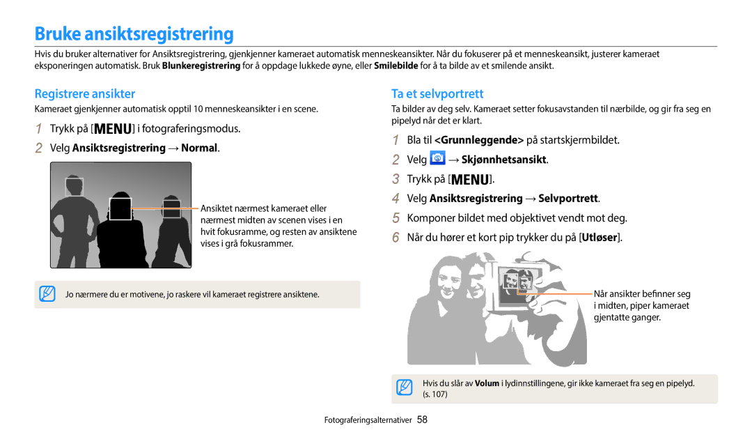 Samsung EC-WB35FZBPWE2, EC-WB35FZBPBE2, EC-WB35FZBPLE2 Bruke ansiktsregistrering, Registrere ansikter, Ta et selvportrett 