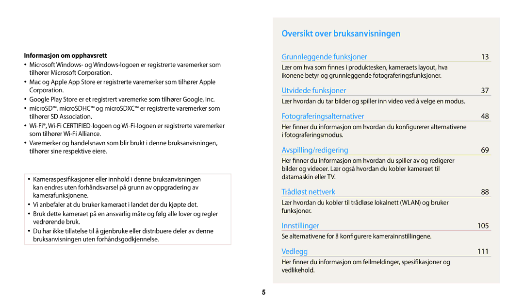 Samsung EC-WB35FZBPRE2, EC-WB35FZBPBE2, EC-WB35FZBPLE2 Oversikt over bruksanvisningen, 105, 111, Informasjon om opphavsrett 