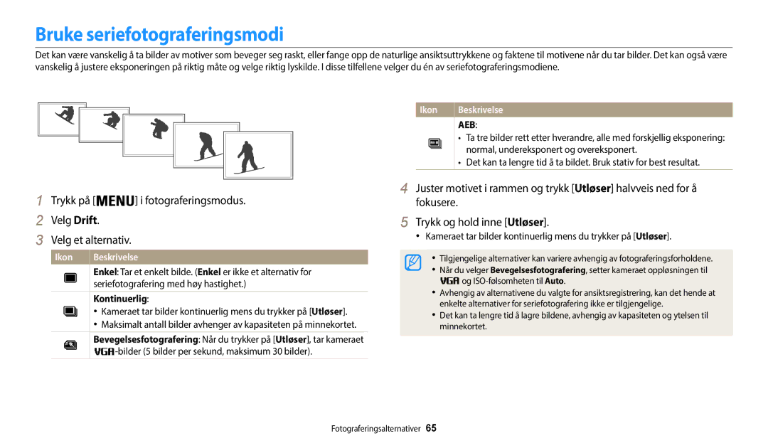 Samsung EC-WB35FZBPRE2, EC-WB35FZBPBE2, EC-WB35FZBPLE2, EC-WB35FZBPWE2 manual Bruke seriefotograferingsmodi, Kontinuerlig 