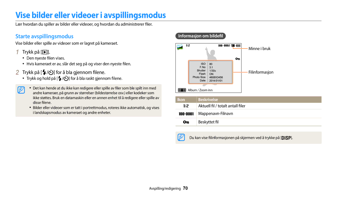 Samsung EC-WB35FZBPWE2 Vise bilder eller videoer i avspillingsmodus, Starte avspillingsmodus, Informasjon om bildefil 