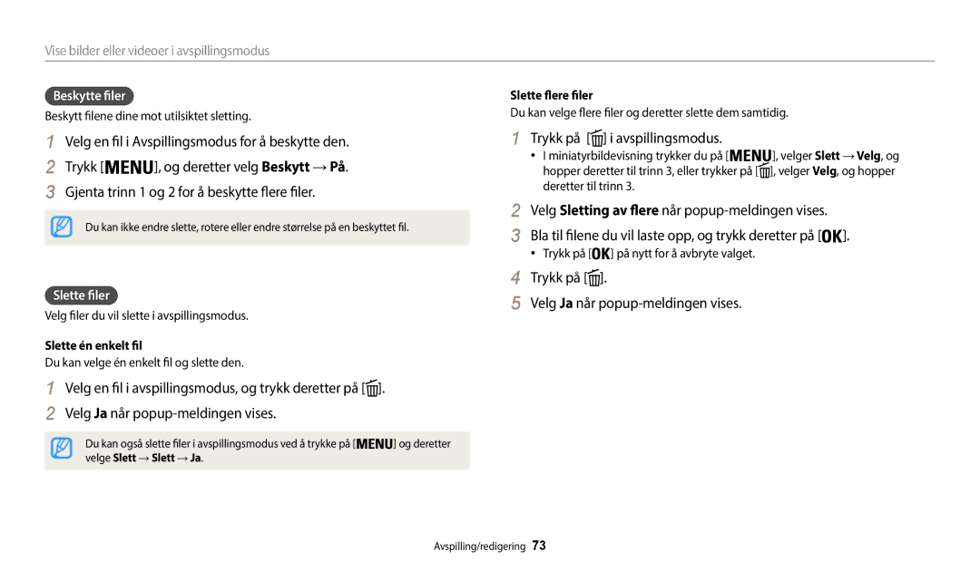 Samsung EC-WB35FZBPRE2 manual Trykk på i avspillingsmodus, Trykk på Velg Ja når popup-meldingen vises, Beskytte filer 