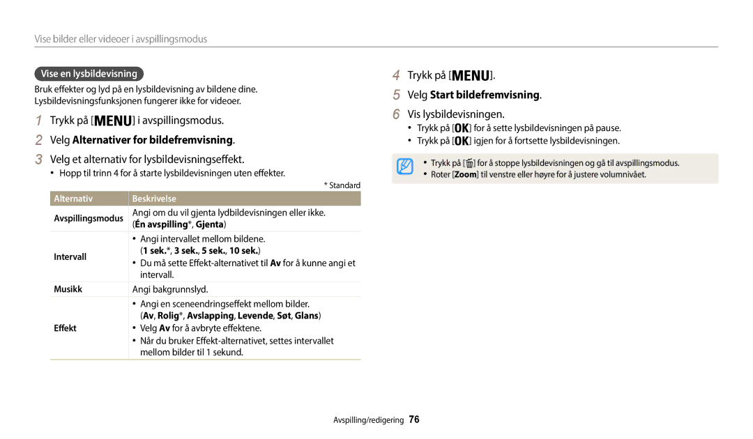 Samsung EC-WB35FZBPLE2 manual Velg Alternativer for bildefremvisning, Velg et alternativ for lysbildevisningseffekt 