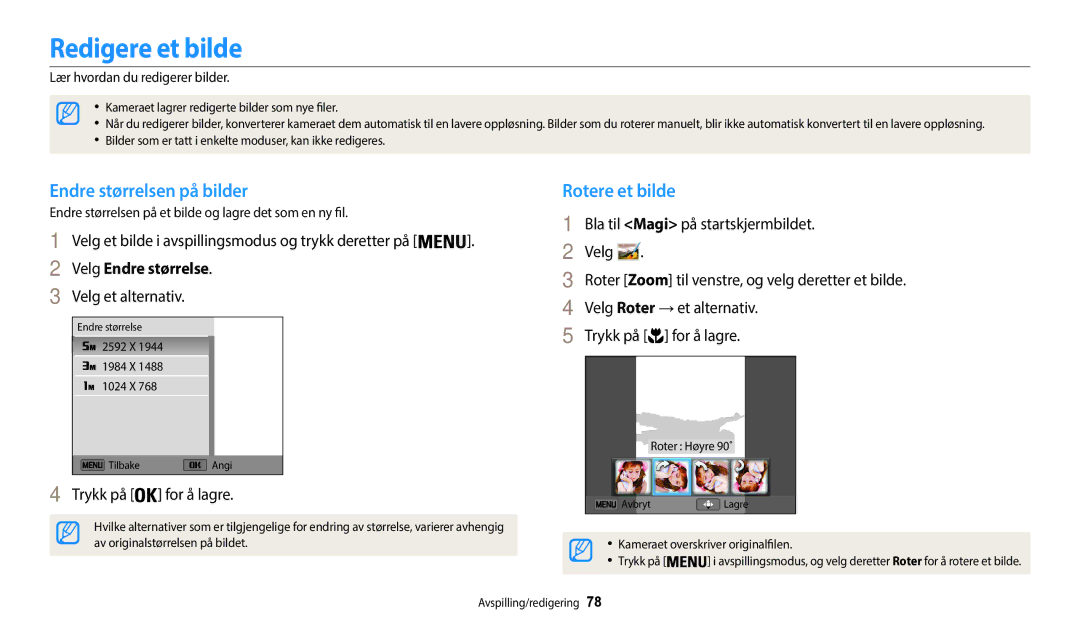 Samsung EC-WB35FZBPWE2 manual Redigere et bilde, Endre størrelsen på bilder, Rotere et bilde, Velg Endre størrelse 