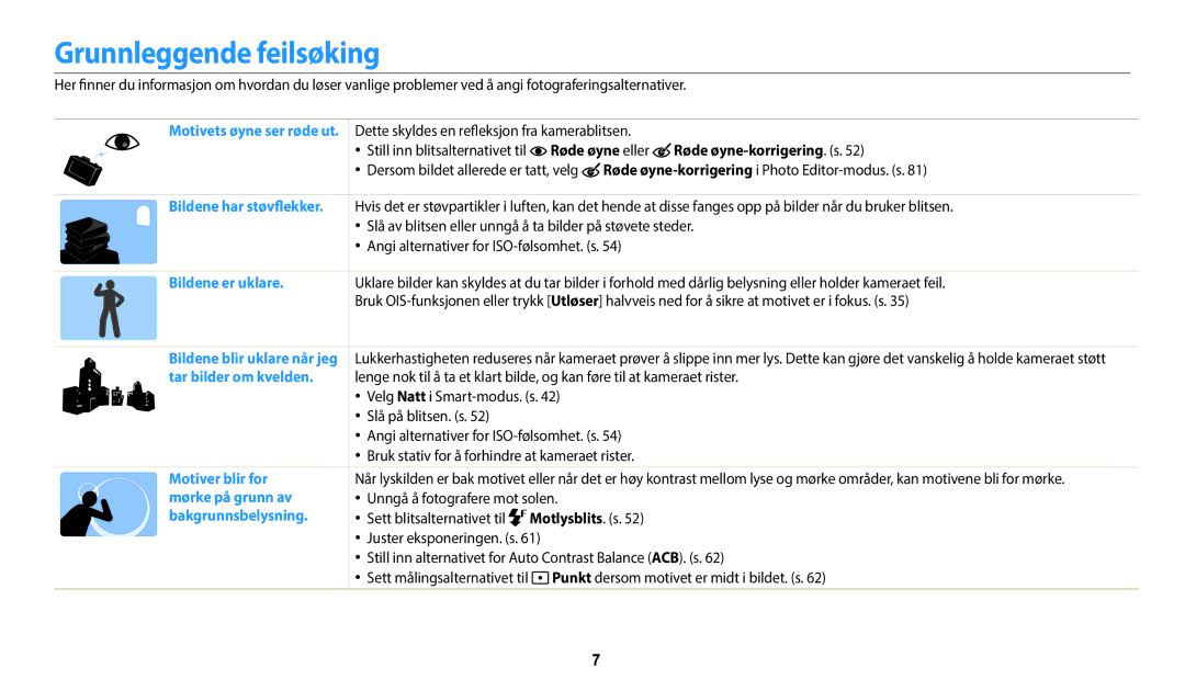 Samsung EC-WB35FZBPBE2, EC-WB35FZBPLE2 Grunnleggende feilsøking, Røde øyne eller Røde øyne-korrigering. s, Motlysblits. s 