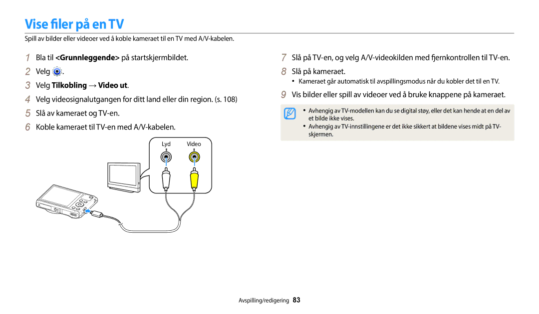 Samsung EC-WB35FZBPBE2, EC-WB35FZBPLE2, EC-WB35FZBPRE2 manual Vise filer på en TV, Velg Tilkobling →Video ut, Slå på kameraet 