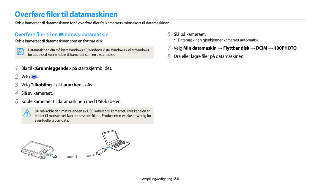 Samsung EC-WB35FZBPLE2, EC-WB35FZBPBE2 manual Overføre filer til datamaskinen, Overføre filer til en Windows-datamaskin 