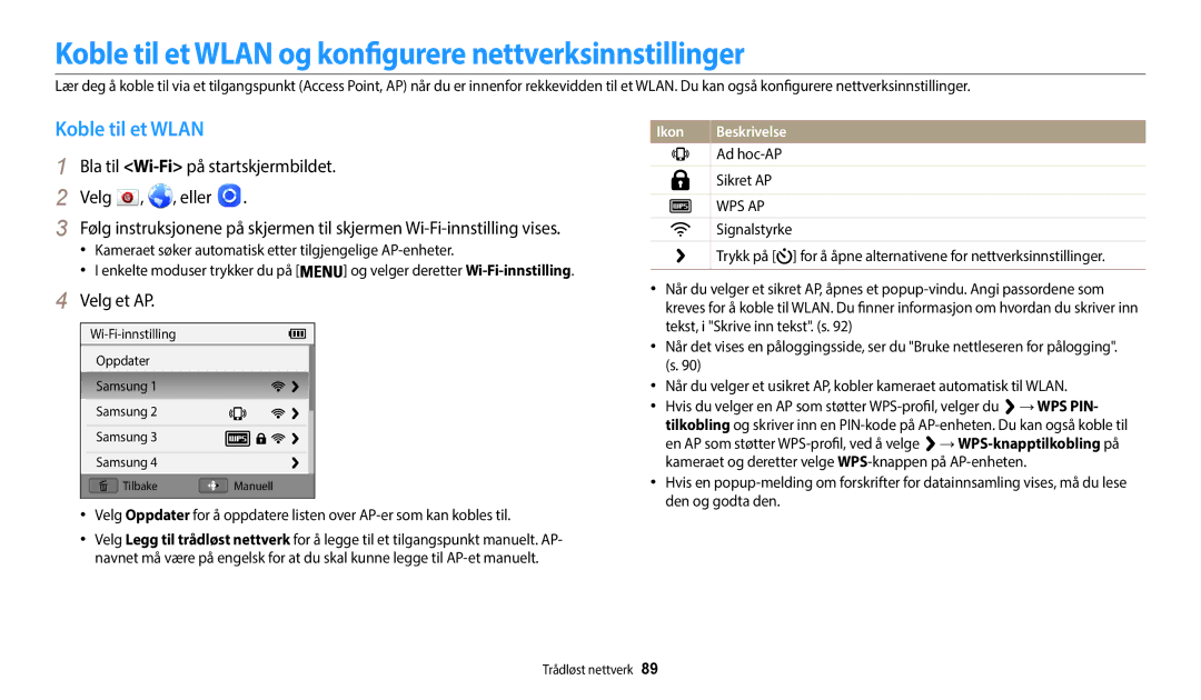 Samsung EC-WB35FZBPRE2, EC-WB35FZBPBE2, EC-WB35FZBPLE2 Koble til et Wlan og konfigurere nettverksinnstillinger, Velg et AP 