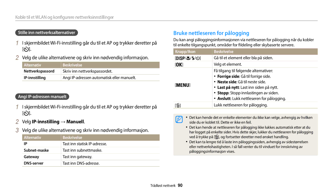 Samsung EC-WB35FZBPWE2 Bruke nettleseren for pålogging, Velg IP-innstilling →Manuell, Stille inn nettverksalternativer 