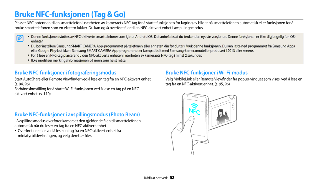 Samsung EC-WB35FZBPRE2, EC-WB35FZBPBE2 manual Bruke NFC-funksjonen Tag & Go, Bruke NFC-funksjoner i fotograferingsmodus 