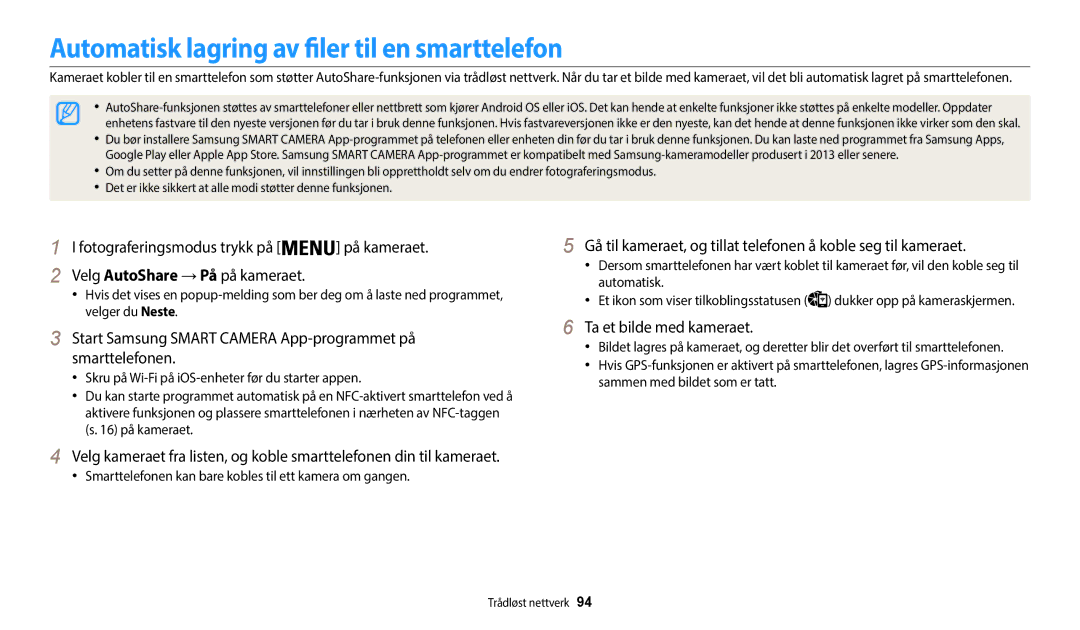 Samsung EC-WB35FZBPWE2, EC-WB35FZBPBE2 manual Automatisk lagring av filer til en smarttelefon, Ta et bilde med kameraet 