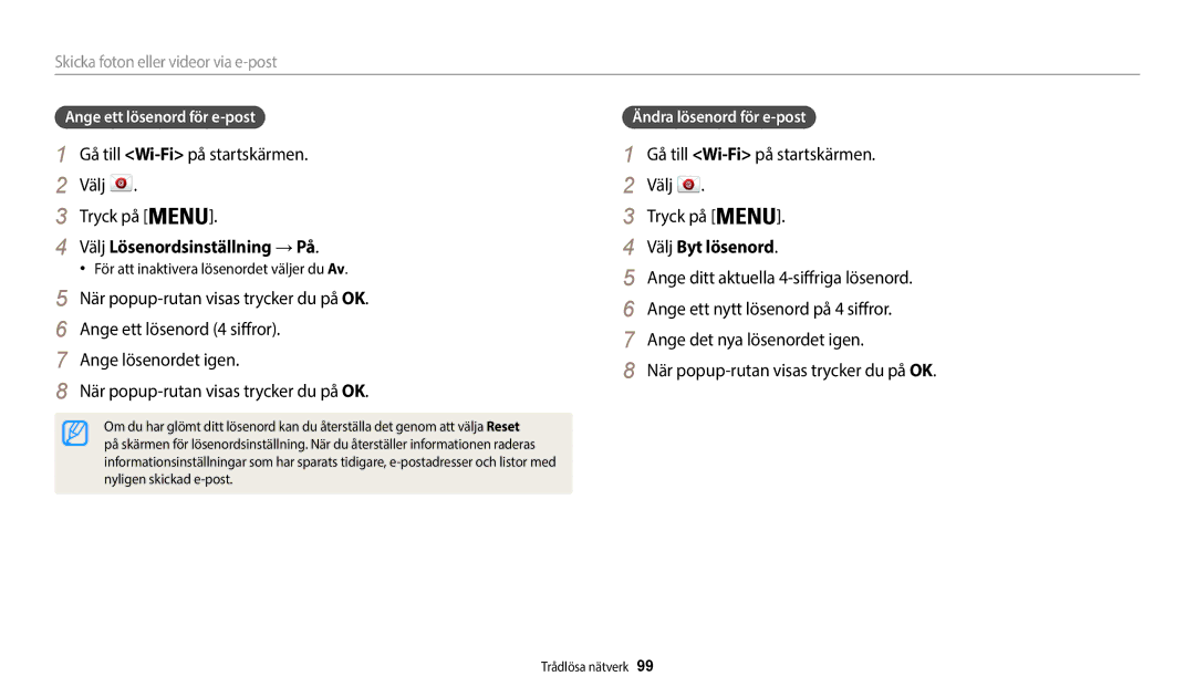 Samsung EC-WB35FZBPBE2 manual Välj Lösenordsinställning → På, Välj Byt lösenord, Skicka foton eller videor via e-post 