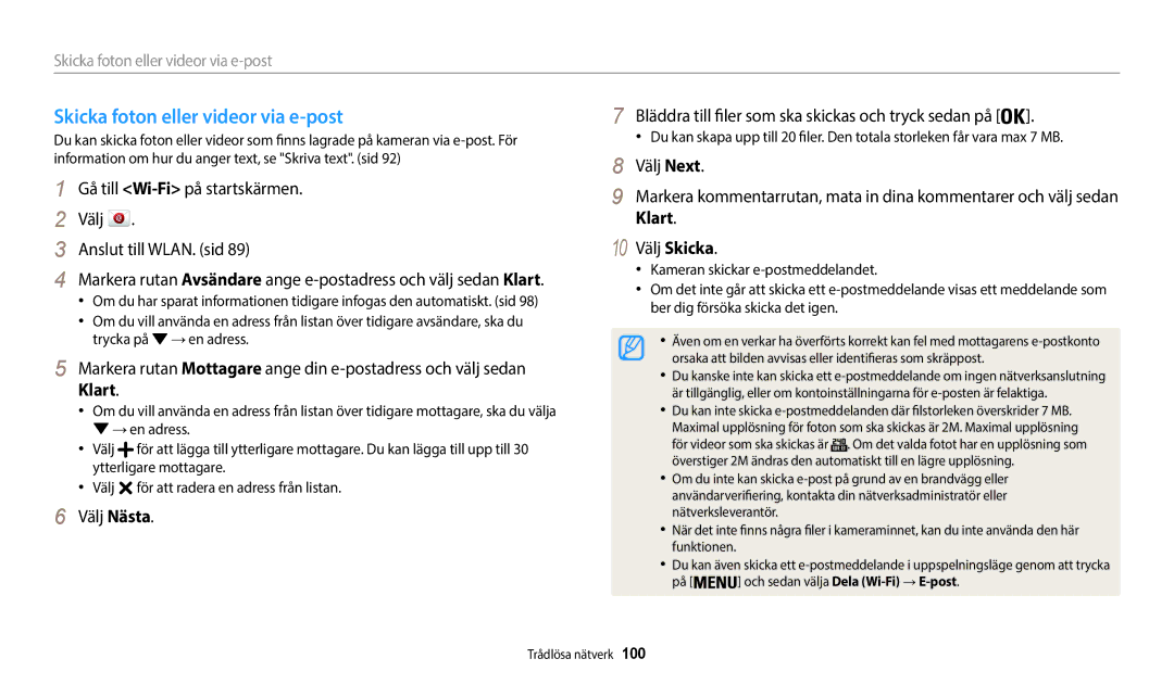 Samsung EC-WB35FZBPLE2 manual Skicka foton eller videor via e-post, Gå till Wi-Fipå startskärmen Välj Anslut till WLAN. sid 